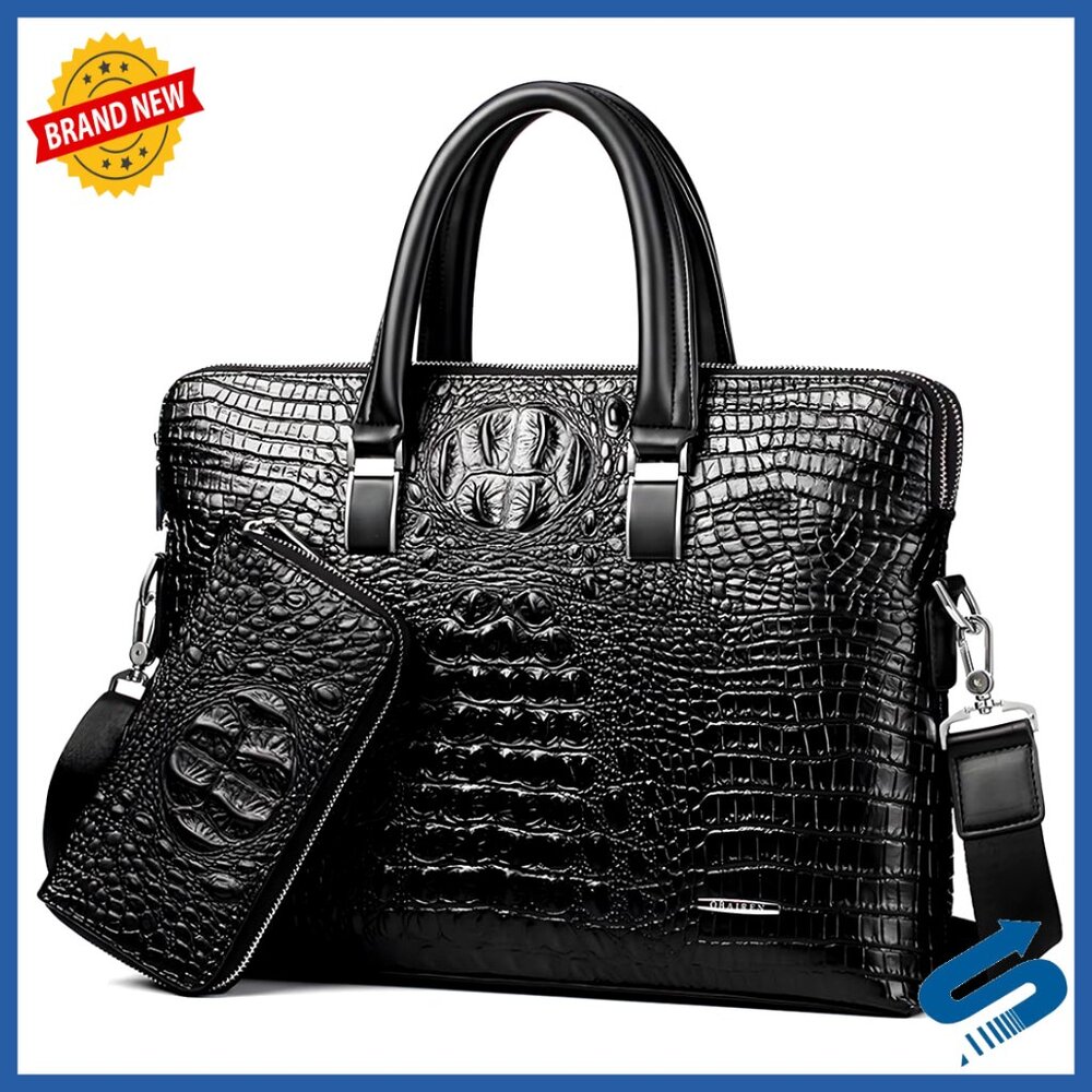 Leather Business Bag Crocodile Pattern Handmade Pocket Casual Top Handle